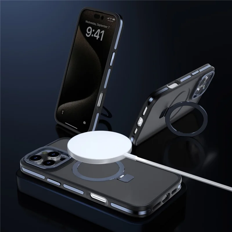 C1 Series For iPhone 15 Pro Max Case Rotatable Magnetic Ring Kickstand Skin-Touch Matte Phone Cover - Blackish Green