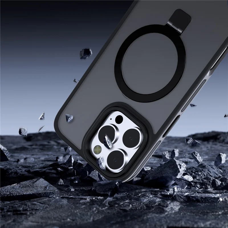 C1 Series For iPhone 15 Pro Max Case Rotatable Magnetic Ring Kickstand Skin-Touch Matte Phone Cover - Blackish Green