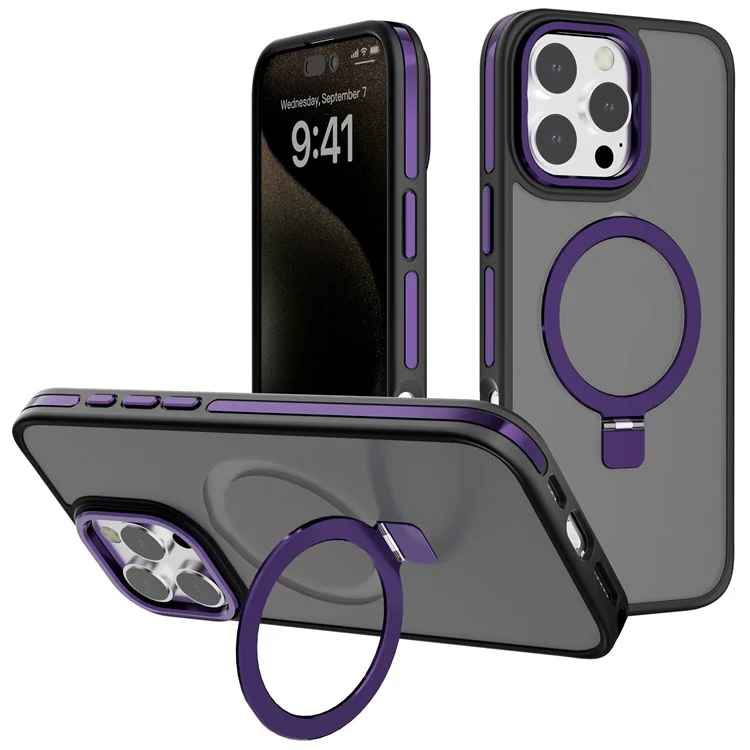 C1 Series For iPhone 15 Pro Case Magnetic Adjustable Kickstand TPU+PC Skin Touch Phone Cover - Purple