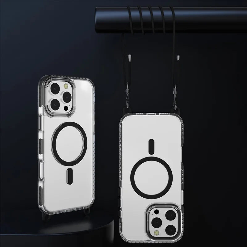For iPhone 16 Pro Max Magnetic Phone Case Compatible with MagSafe PC+TPU Cover with Lanyard Hole - Black