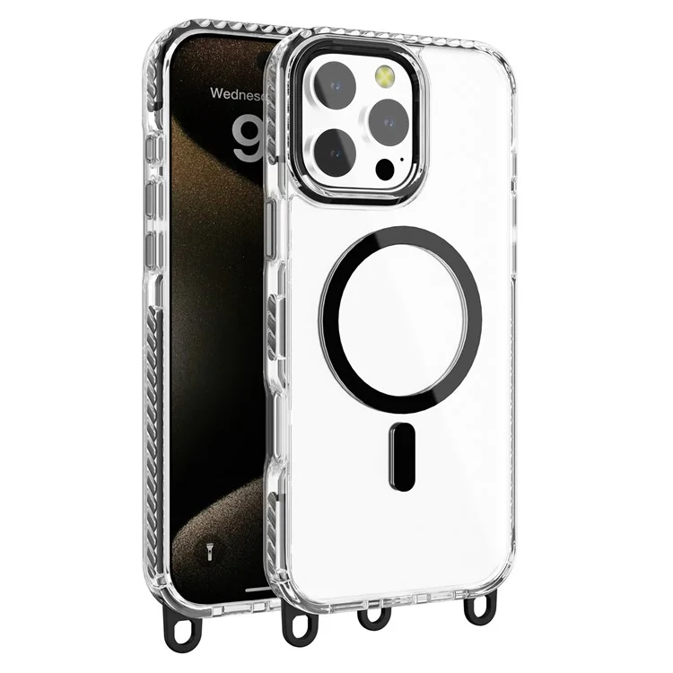Para iPhone 15 Pro Max Capa de Telefone Magnética Compatível com MagSafe PC+TPU Cover com Orifício para Cordão - Preto