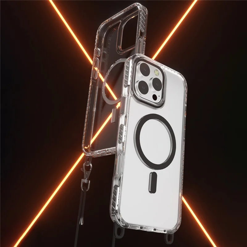 For iPhone 16 Pro Max Case Compatible with MagSafe PC+TPU Cover with Long Lanyard - Black