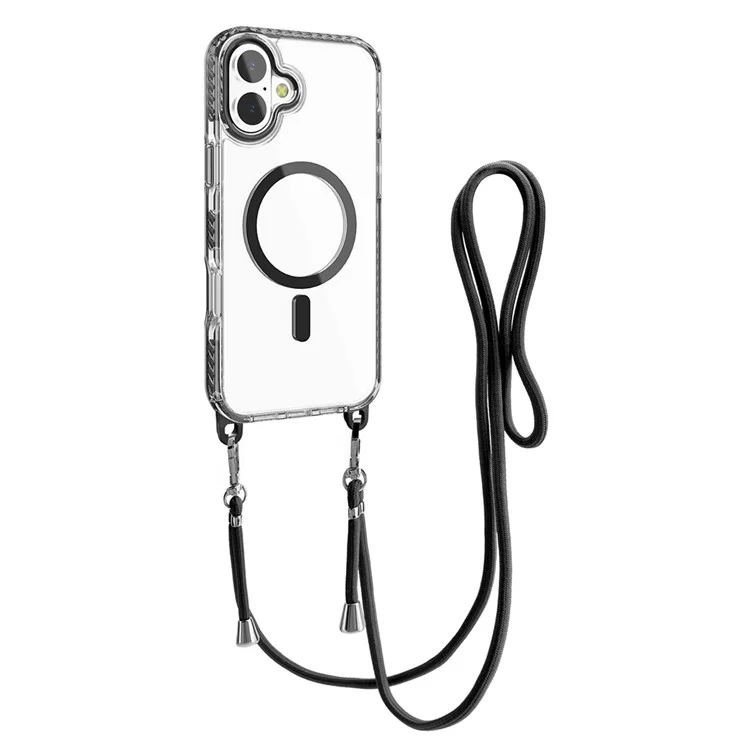 For iPhone 16 Plus Case Compatible with MagSafe PC+TPU Cover with Long Lanyard - Black