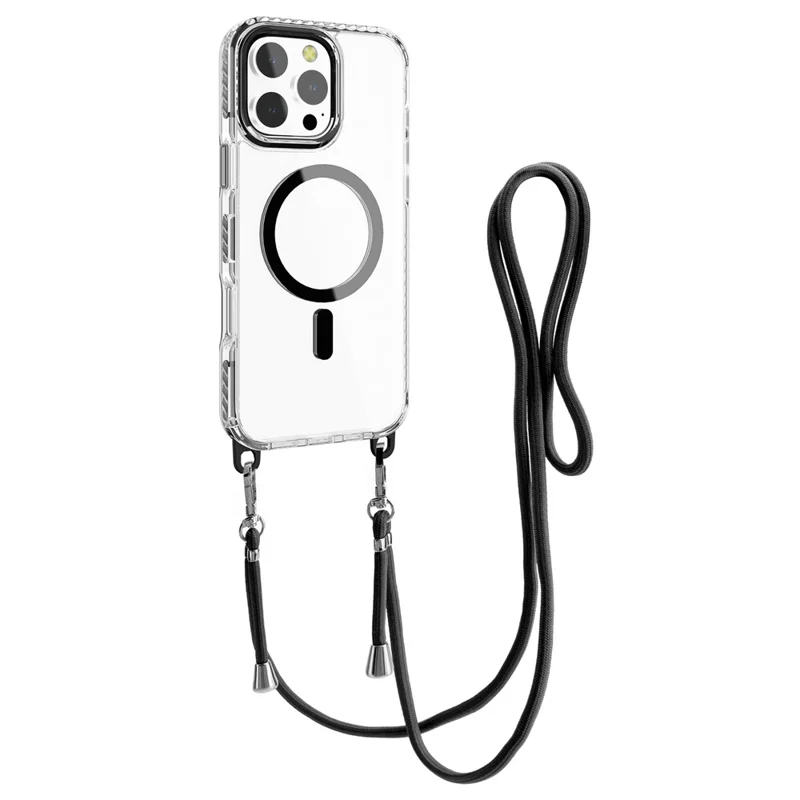 Obudowa na iPhone 15 Pro Max zgodna z MagSafe, pokrywa PC+TPU z długim sznurkiem - Czarny