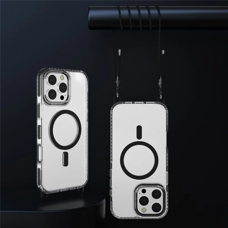Obudowa na iPhone 15 Pro Max zgodna z MagSafe, pokrywa PC+TPU z długim sznurkiem - Czarny