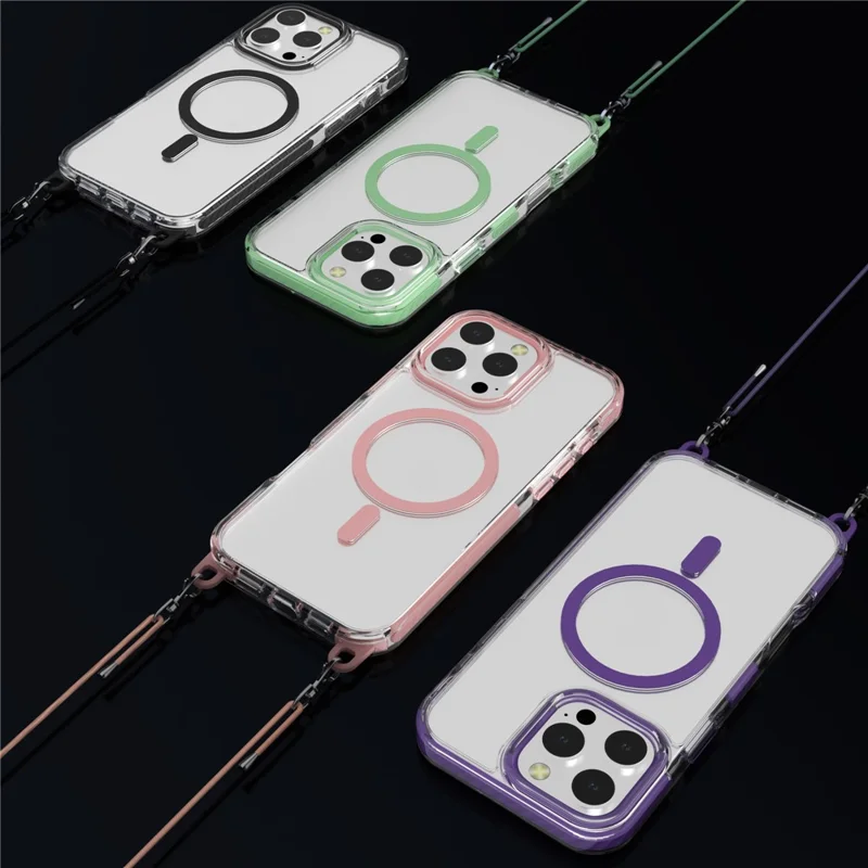 Obudowa na iPhone 15 Pro Max zgodna z MagSafe, pokrywa PC+TPU z długim sznurkiem - Czarny