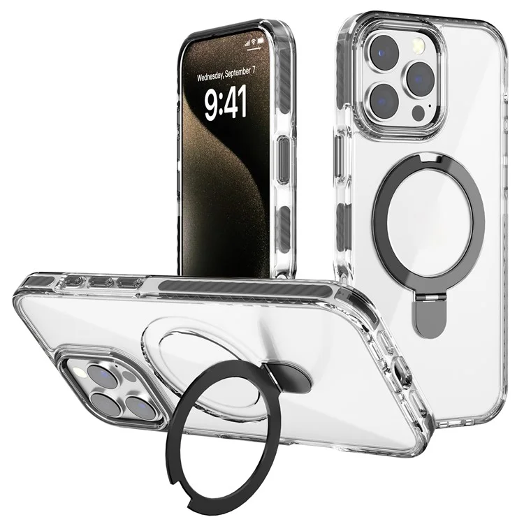 Capa de Telefone para iPhone 15 Pro Compatível com MagSafe PC+TPU Capa com Suporte em Anel - Preta