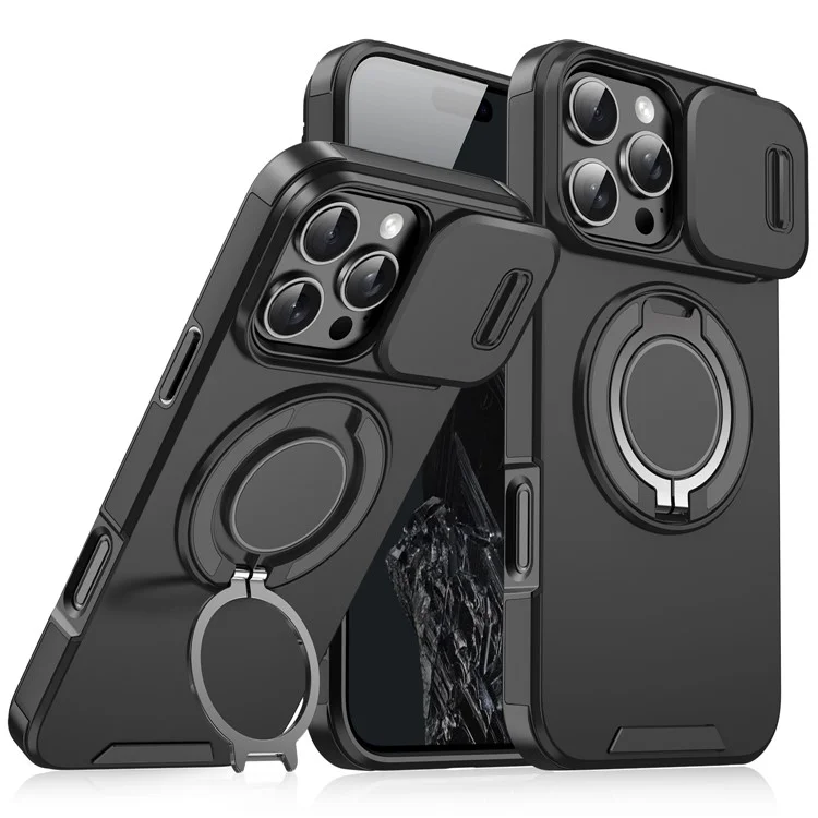 Para iPhone 14 Pro Max Magnetic Phone Case Slide Lens Protection Ring Kickstand TPU+PC Cover - Black