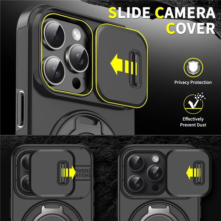 Para iPhone 14 Pro Max Magnetic Phone Case Slide Lens Protection Ring Kickstand TPU+PC Cover - Black