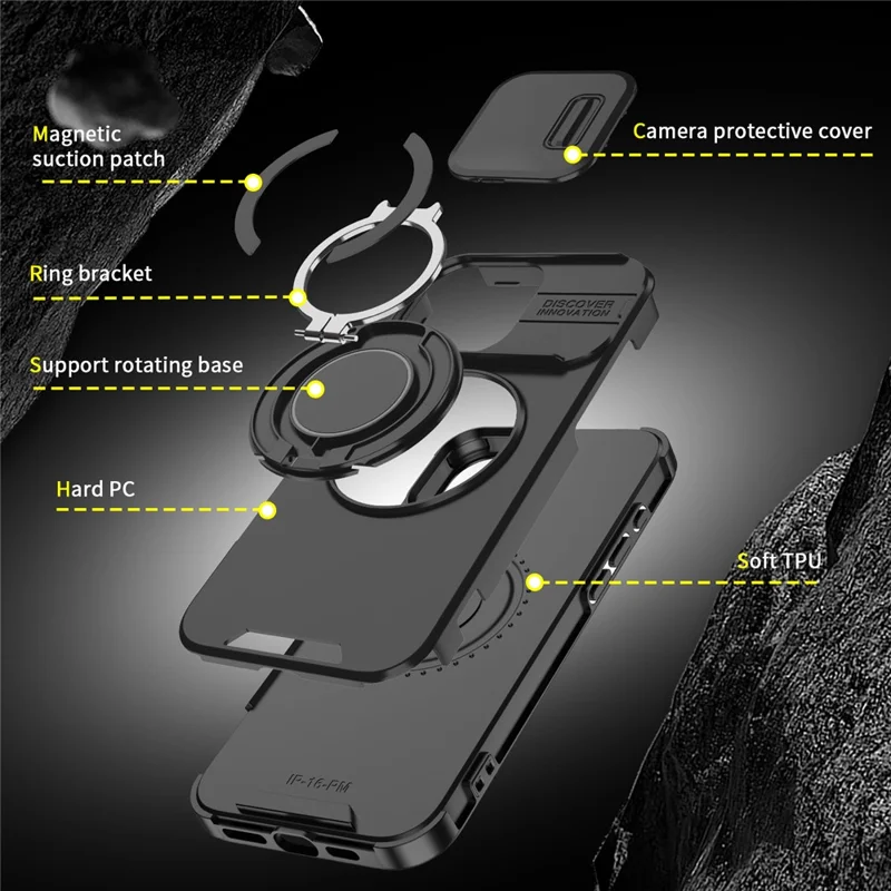 For iPhone 14 Pro Magnetic Case Slide Lens Cover Ring Kickstand TPU+PC Phone Shell - Red