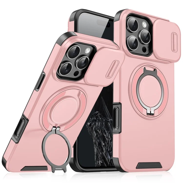 For iPhone 14 Pro Magnetic Case Slide Lens Cover Ring Kickstand TPU+PC Phone Shell - Pink