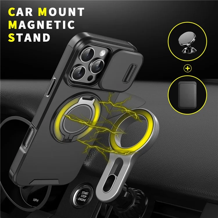 For iPhone 14 Pro Magnetic Case Slide Lens Cover Ring Kickstand TPU+PC Phone Shell - Pink