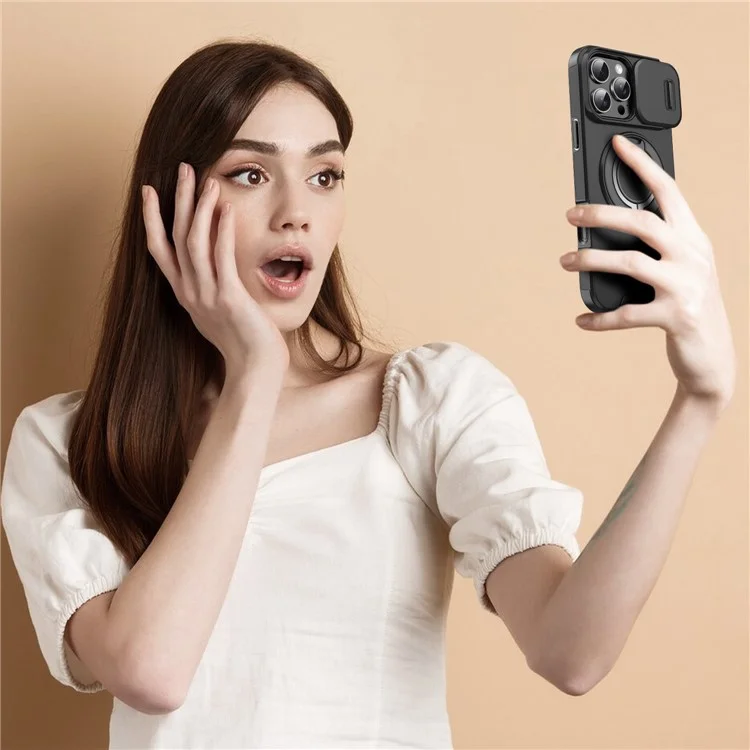For iPhone 14 Pro Magnetic Case Slide Lens Cover Ring Kickstand TPU+PC Phone Shell - Pink