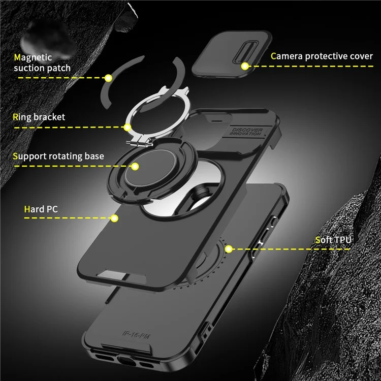 For iPhone 14 Pro Magnetic Case Slide Lens Cover Ring Kickstand TPU+PC Phone Shell - Pink