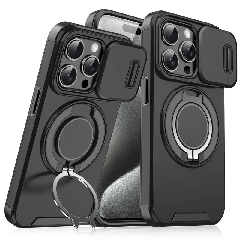 For iPhone 15 Pro Magnetic Phone Case Slide Lens Protection Ring Kickstand TPU+PC Cover - Black