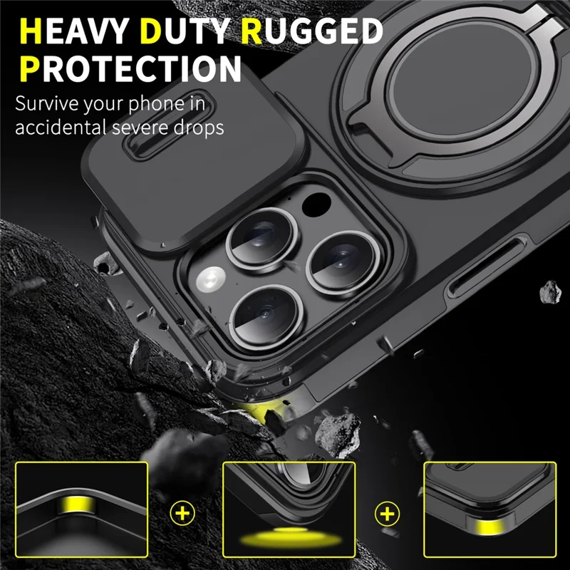 For iPhone 15 Pro Magnetic Phone Case Slide Lens Protection Ring Kickstand TPU+PC Cover - Black