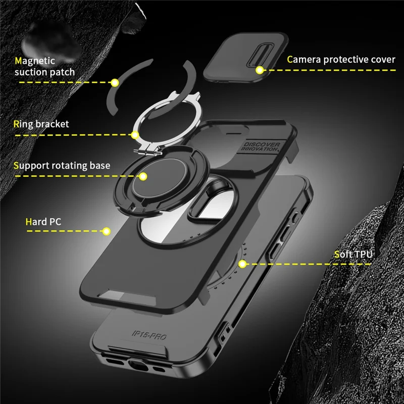 For iPhone 15 Pro Magnetic Phone Case Slide Lens Protection Ring Kickstand TPU+PC Cover - Black