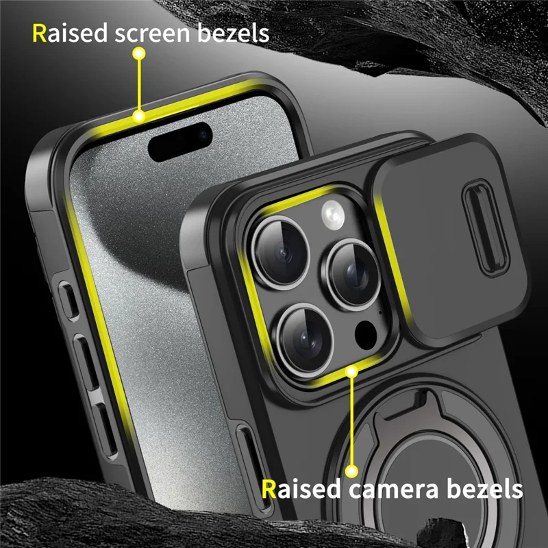 For iPhone 15 Pro Magnetic Phone Case Slide Lens Protection Ring Kickstand TPU+PC Cover - Black