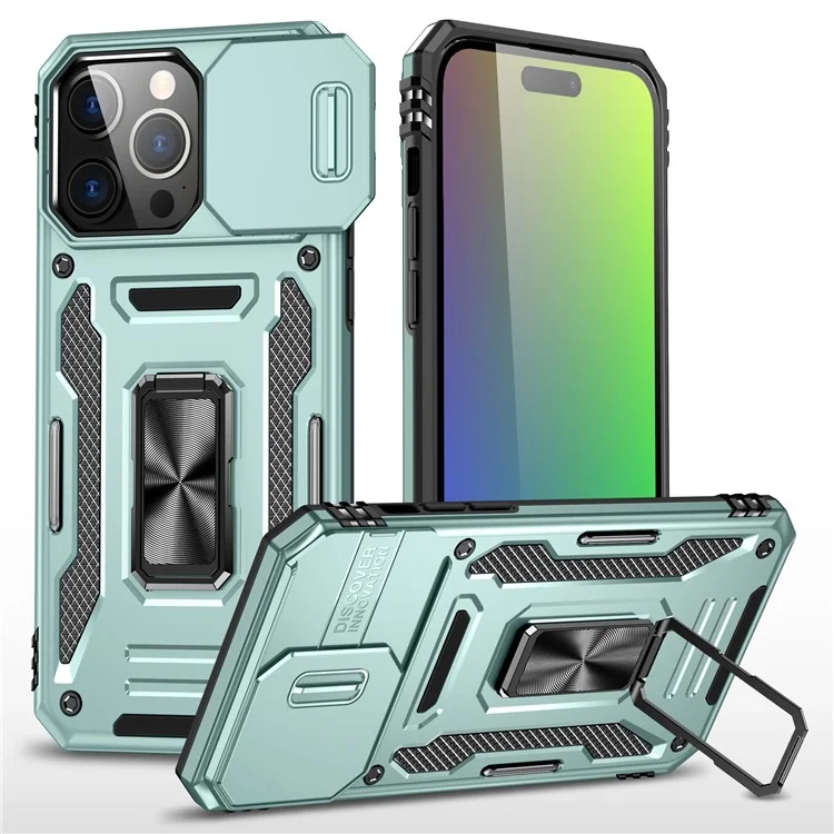 Armor Series For iPhone 16 Pro Max Case PC+TPU Kickstand Phone Cover with Slide Lens Lid - Green