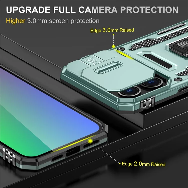Armor Series For iPhone 16 Pro Max Case PC+TPU Kickstand Phone Cover with Slide Lens Lid - Green