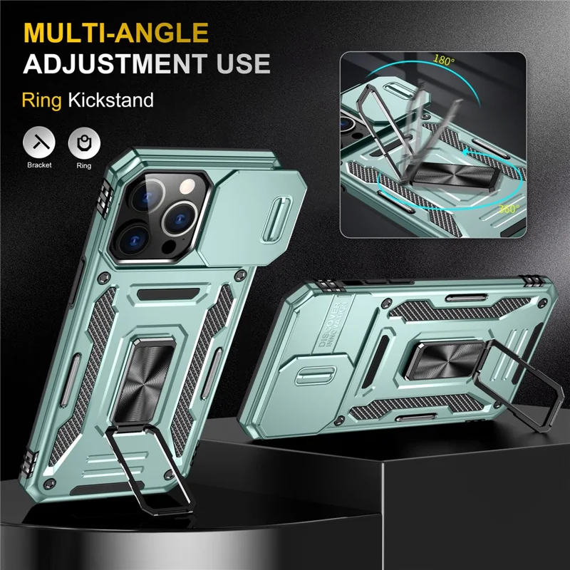 Armor Series For iPhone 16 Pro Max Case PC+TPU Kickstand Phone Cover with Slide Lens Lid - Green