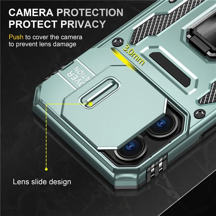 Armor Series For iPhone 16 Pro Max Case PC+TPU Kickstand Phone Cover with Slide Lens Lid - Green
