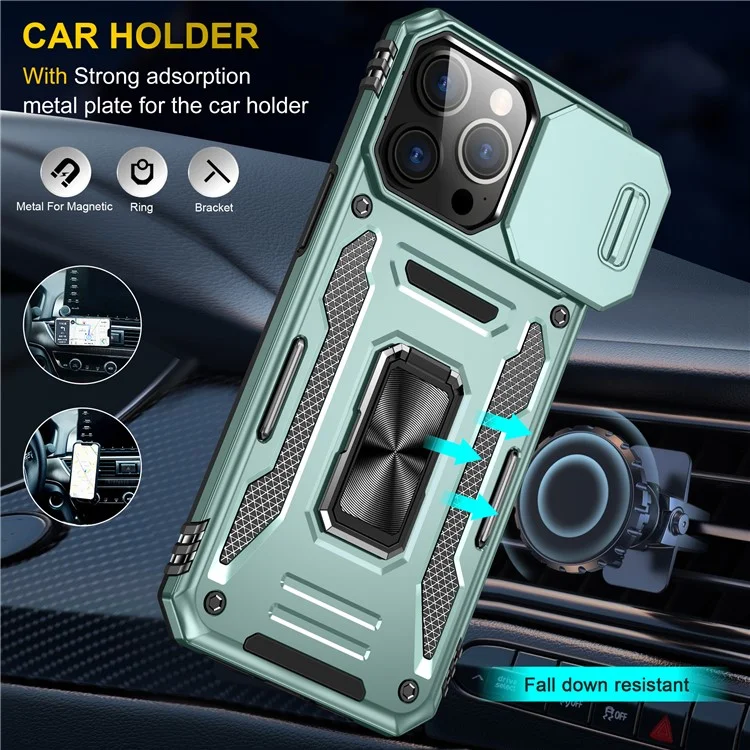 Armor Series For iPhone 16 Pro Max Case PC+TPU Kickstand Phone Cover with Slide Lens Lid - Green