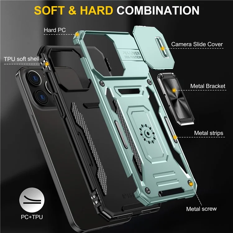Armor Series For iPhone 16 Pro Max Case PC+TPU Kickstand Phone Cover with Slide Lens Lid - Green