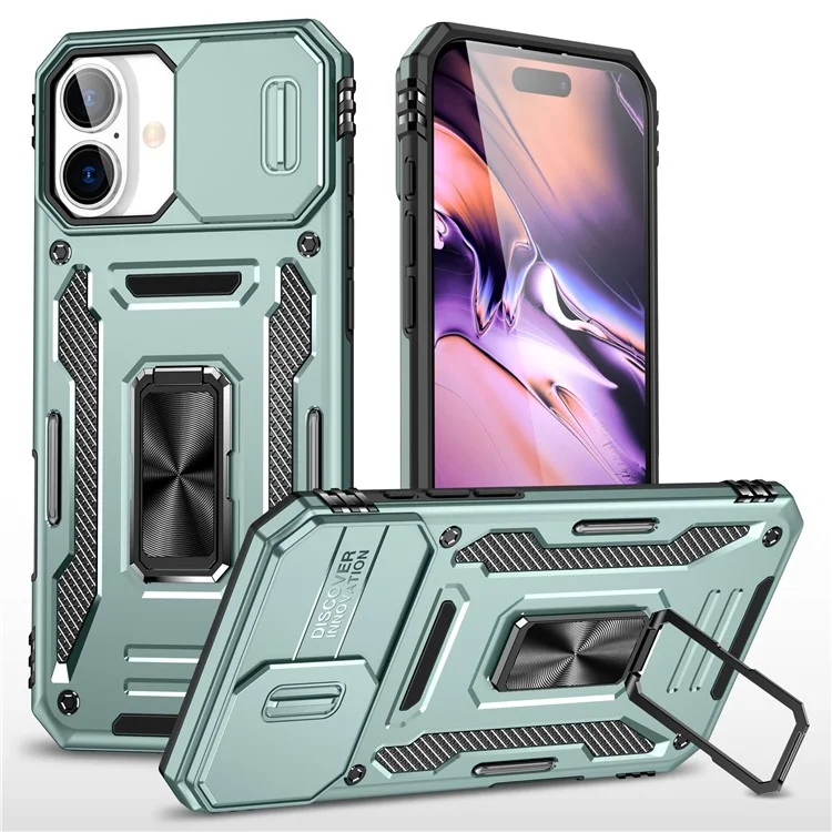 Armor Series For iPhone 16 Plus Case Ajustable Soporte de Pie PC+TPU Funda de Teléfono con Protección de Objetivo Deslizante - Verde
