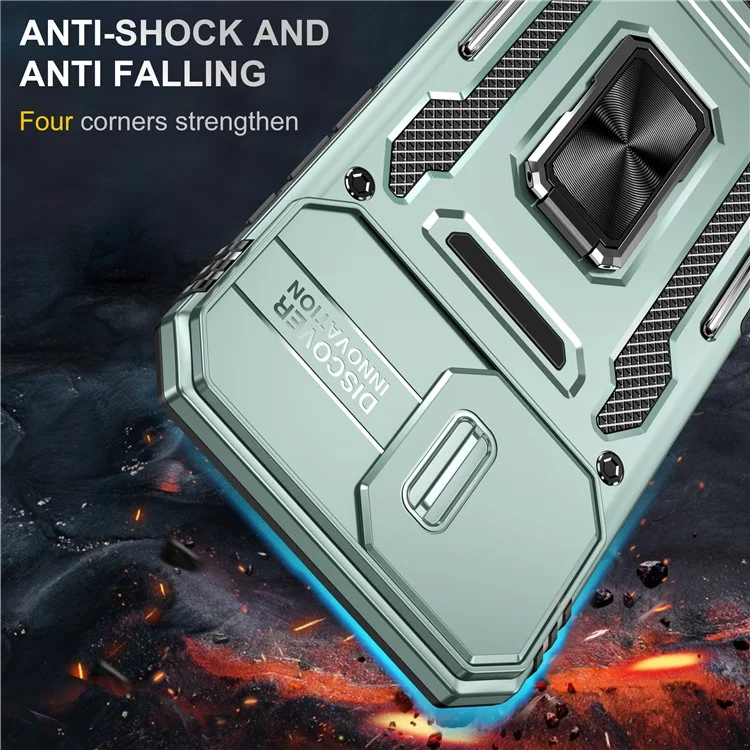 Armor Series For iPhone 16 Plus Case Ajustable Soporte de Pie PC+TPU Funda de Teléfono con Protección de Objetivo Deslizante - Verde