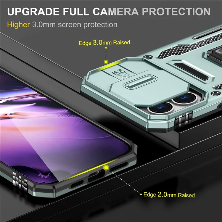 Armor Series For iPhone 16 Plus Case Ajustable Soporte de Pie PC+TPU Funda de Teléfono con Protección de Objetivo Deslizante - Verde