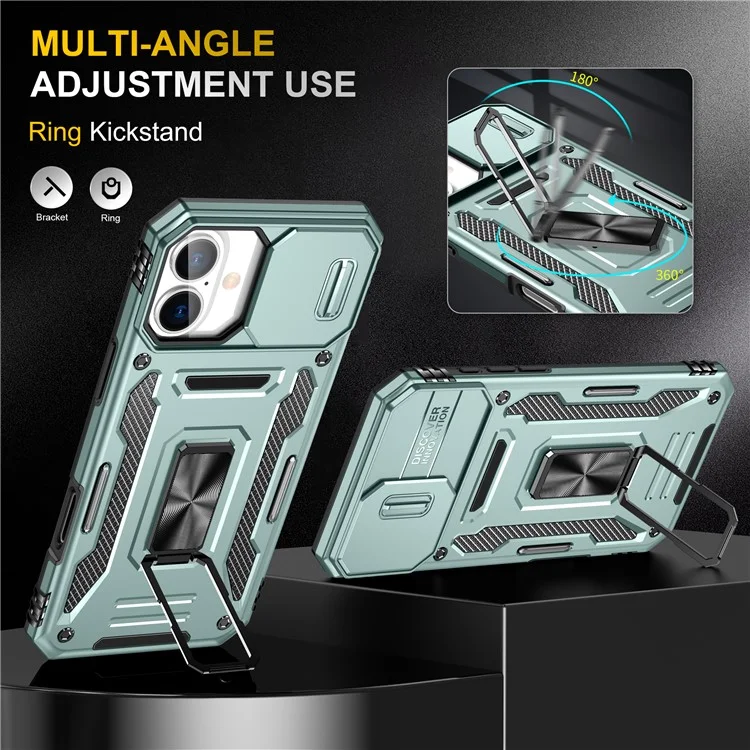 Armor Series For iPhone 16 Plus Case Ajustable Soporte de Pie PC+TPU Funda de Teléfono con Protección de Objetivo Deslizante - Verde