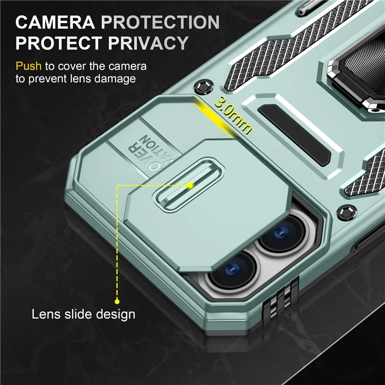 Armor Series For iPhone 16 Plus Case Ajustable Soporte de Pie PC+TPU Funda de Teléfono con Protección de Objetivo Deslizante - Verde