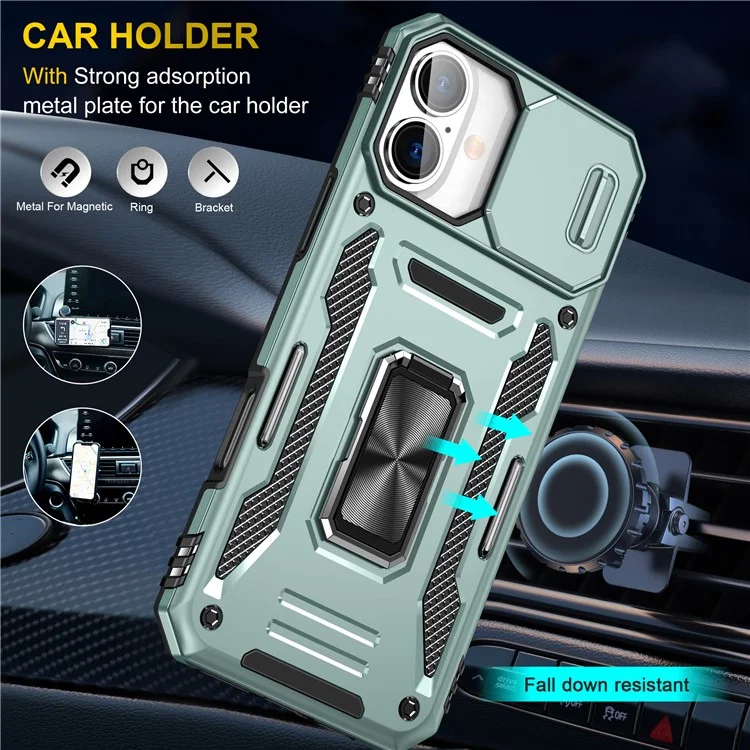 Armor Series For iPhone 16 Plus Case Ajustable Soporte de Pie PC+TPU Funda de Teléfono con Protección de Objetivo Deslizante - Verde