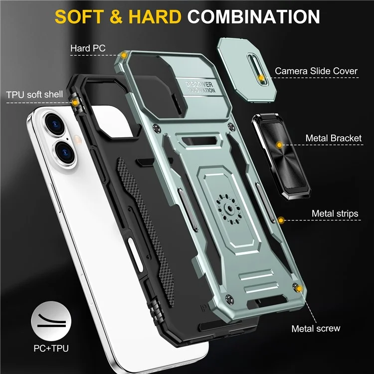 Armor Series For iPhone 16 Plus Case Ajustable Soporte de Pie PC+TPU Funda de Teléfono con Protección de Objetivo Deslizante - Verde