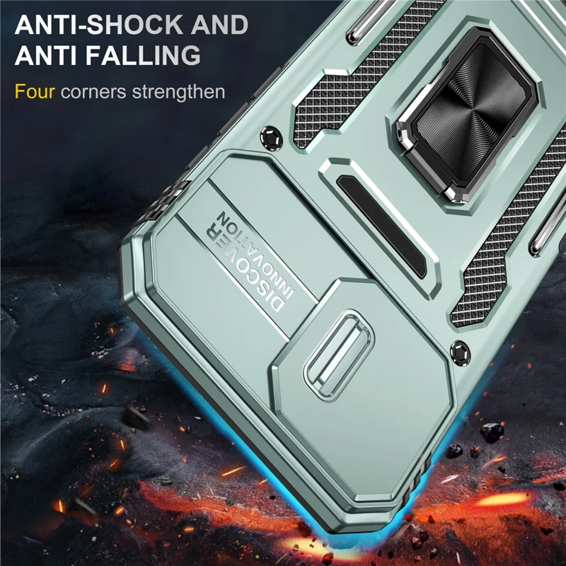 Armor Series For iPhone 16 Case Kickstand Slide Lens Lid PC+TPU Drop-Proof Phone Cover - Green