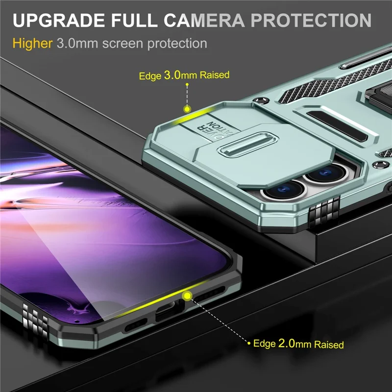 Armor Series For iPhone 16 Case Kickstand Slide Lens Lid PC+TPU Drop-Proof Phone Cover - Green
