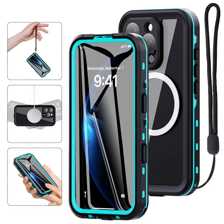 SHELLBOX Dot+ Series Phone Case for iPhone 16 Pro IP68 Waterproof PC+TPU Clear Cover Compatible with MagSafe - Blue