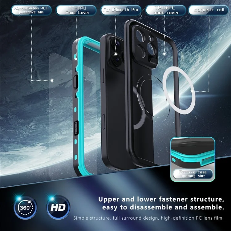SHELLBOX Dot+ Series Phone Case for iPhone 16 Pro IP68 Waterproof PC+TPU Clear Cover Compatible with MagSafe - Blue