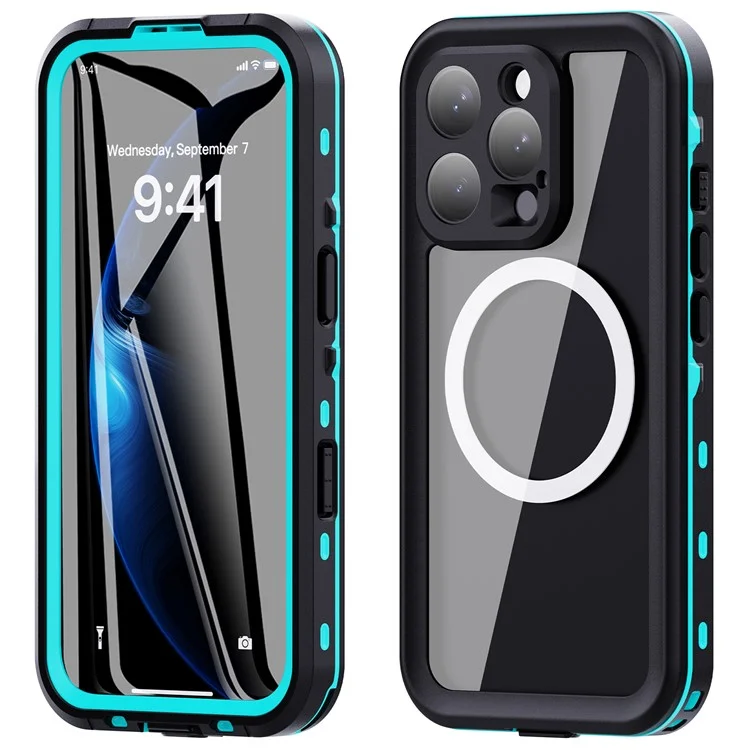 SHELLBOX Dot+ Series Phone Case for iPhone 16 Pro IP68 Waterproof PC+TPU Clear Cover Compatible with MagSafe - Blue