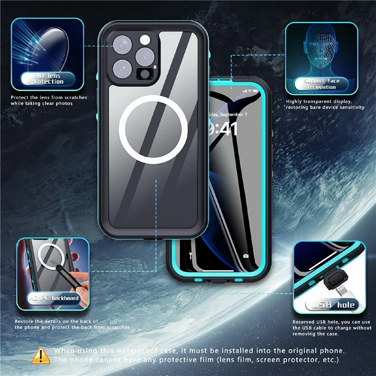 SHELLBOX Dot+ Series Phone Case for iPhone 16 Pro IP68 Waterproof PC+TPU Clear Cover Compatible with MagSafe - Blue