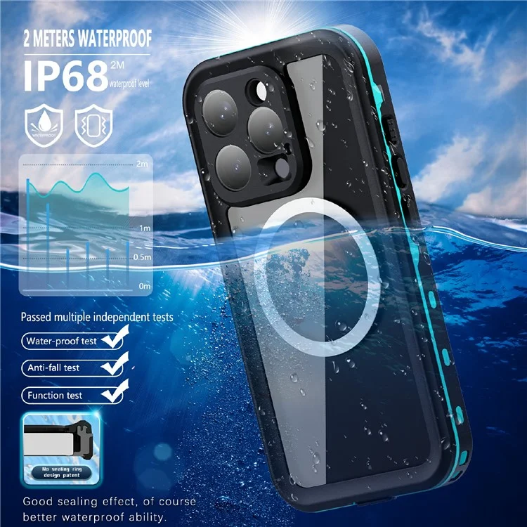SHELLBOX Dot+ Series Phone Case for iPhone 16 Pro IP68 Waterproof PC+TPU Clear Cover Compatible with MagSafe - Blue