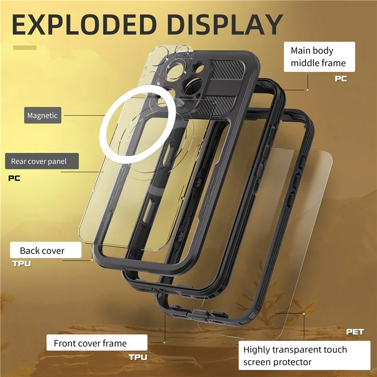 SHELLBOX Para iPhone 16 Pro IP68 Capa à Prova de Água Compatível com MagSafe Capa de Telefone Transparente - Preto