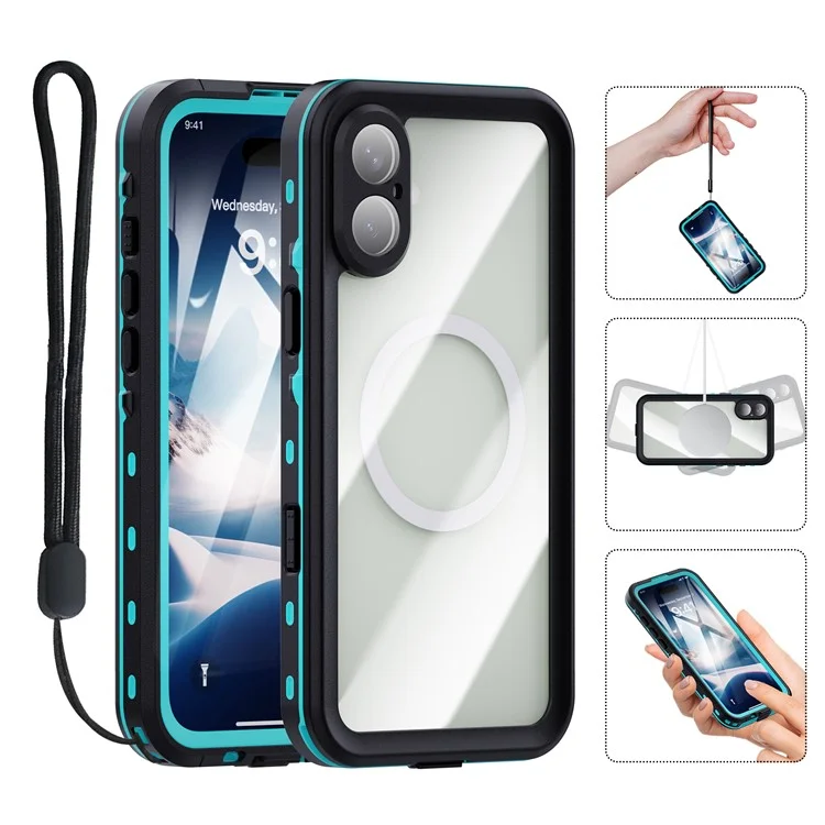 SHELLBOX Dot+ Series Phone Case for iPhone 16 Plus IP68 Waterproof PC+TPU Clear Cover Compatible with MagSafe - Blue