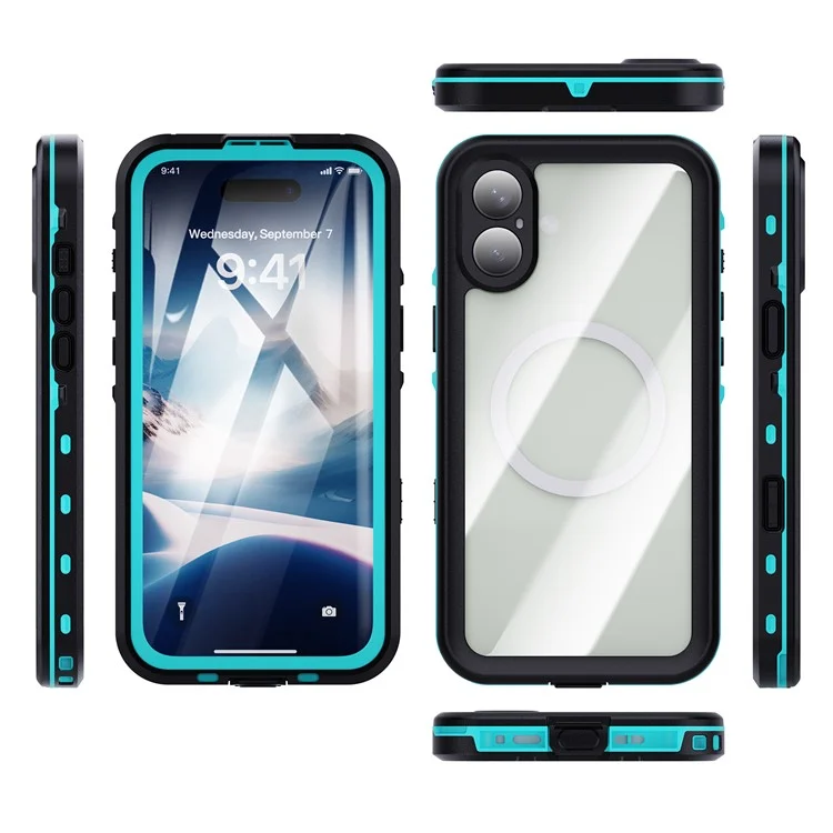 SHELLBOX Dot+ Series Phone Case for iPhone 16 Plus IP68 Waterproof PC+TPU Clear Cover Compatible with MagSafe - Blue