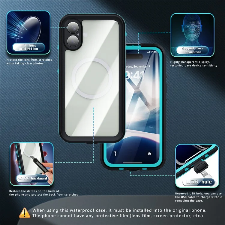 SHELLBOX Dot+ Series Phone Case for iPhone 16 Plus IP68 Waterproof PC+TPU Clear Cover Compatible with MagSafe - Blue