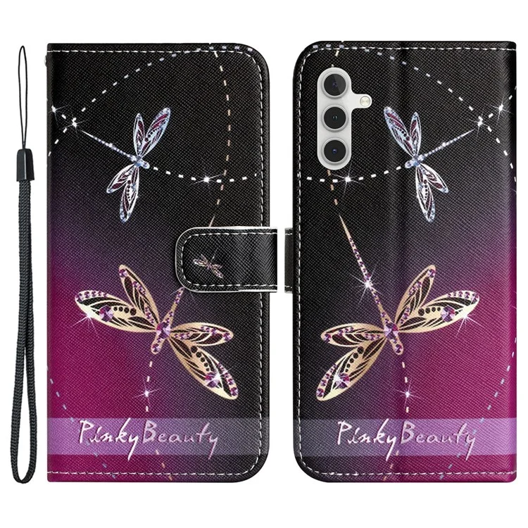 For Samsung Galaxy A16 5G / A16 4G Case Pattern Print PU Leather Wallet Phone Cover Cross Texture - Dragonfly