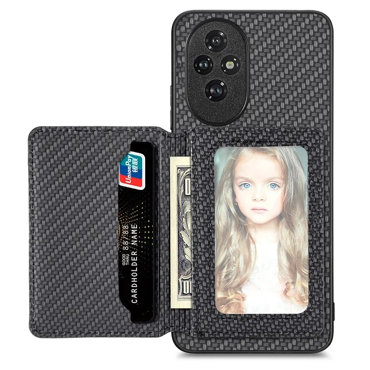 Étui C1-02 For Honor 200 5G avec support pour carte, en fibre de carbone, cuir, PC et TPU - Noir