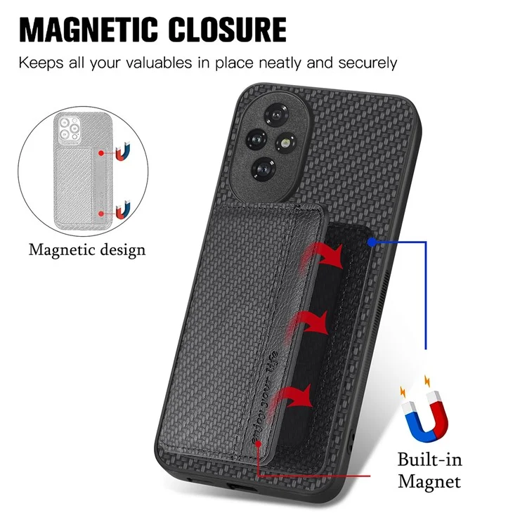 Étui C1-02 For Honor 200 5G avec support pour carte, en fibre de carbone, cuir, PC et TPU - Noir