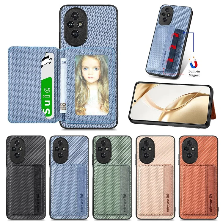 Étui C1-02 For Honor 200 5G avec support pour carte, en fibre de carbone, cuir, PC et TPU - Noir